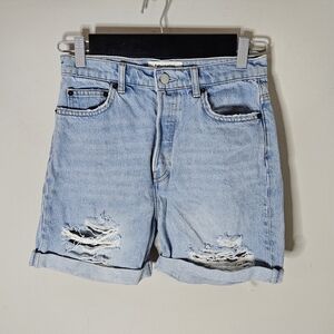 Reformation Raye High Rise Distressed Relaxed Fit Cuffed Denim Shorts 24